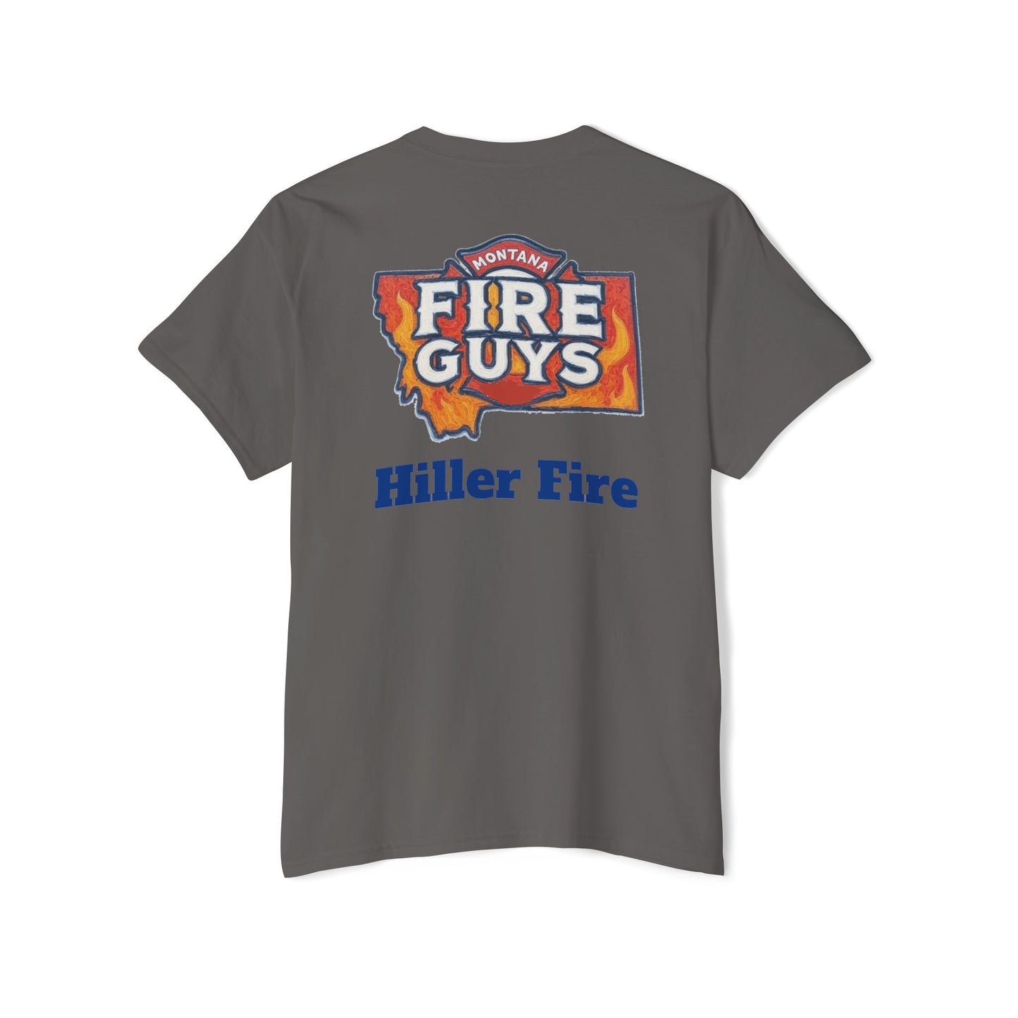 The Printify Unisex Heavy Cotton Pocket Tee showcases the "Montana Fire Guys" logo with flames and a state outline, plus "Hiller Fire" in blue. Ideal for casual outings or outdoor activities for firefighters and outdoor enthusiasts.
