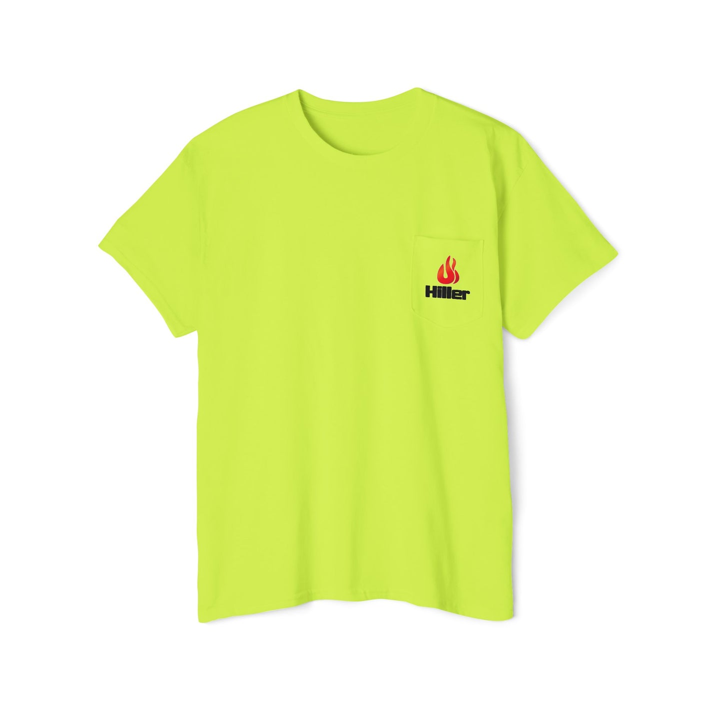 The Unisex Heavy Cotton Pocket Tee by Printify, featuring a flame and "Hiller" in bold black text on a bright yellow chest pocket, is ideal for firefighters and outdoor enthusiasts seeking comfort and style.