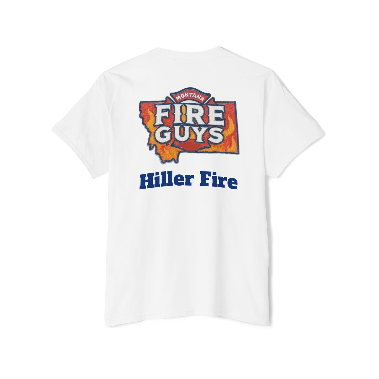 Back view of the Printify Unisex Heavy Cotton Pocket Tee, ideal for casual outings. This versatile shirt showcases "Montana Fire Guys" and "Hiller Fire" in bold blue and red with a striking flame design, perfectly combining comfort and style.