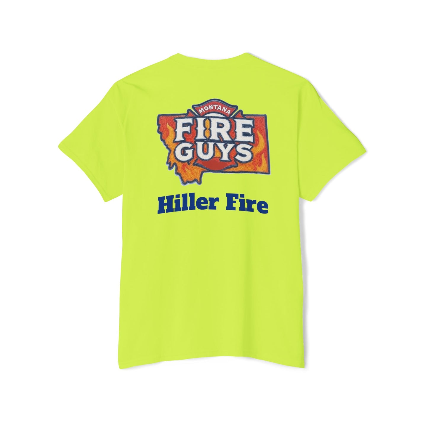The Unisex Heavy Cotton Pocket Tee by Printify features the "Hiller Fire Guys" logo on a bright yellow shirt, perfect for firefighters and outdoor enthusiasts, ideal for casual outings or summer gatherings.