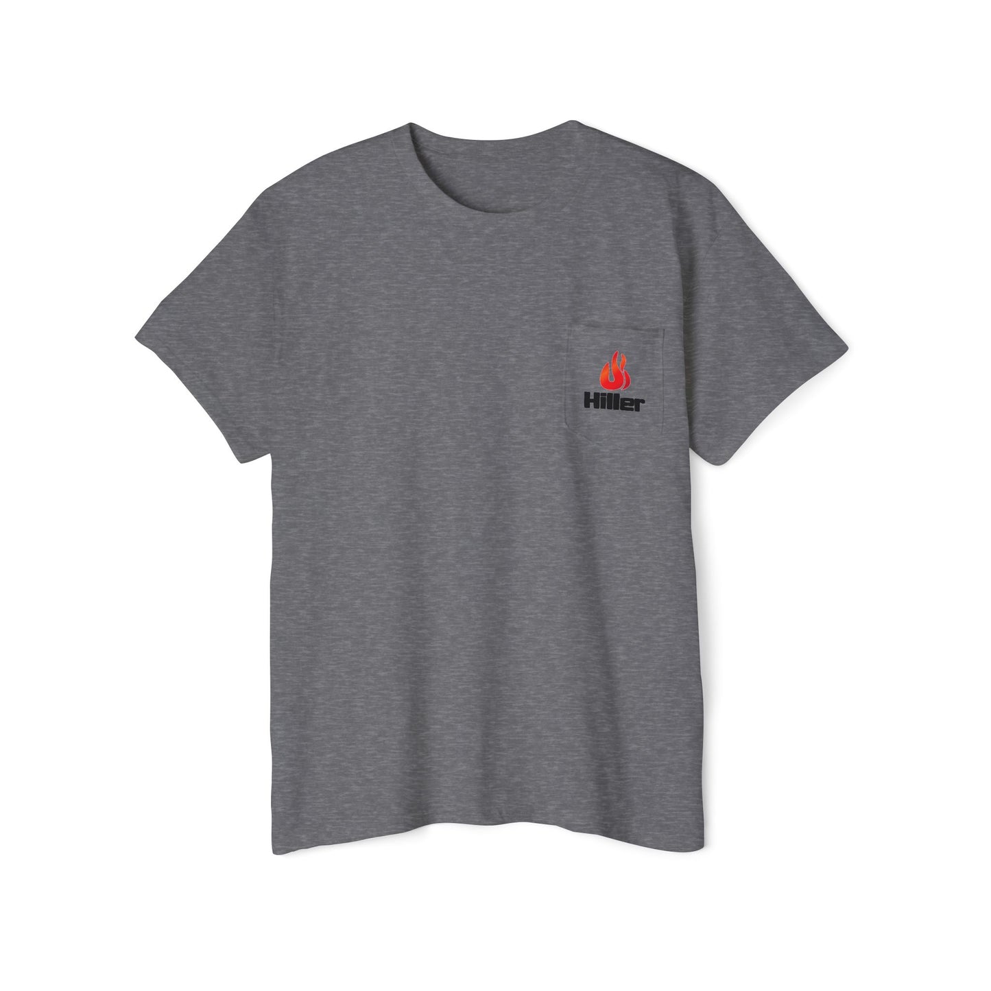 The Printify Unisex Heavy Cotton Pocket Tee, featuring the Hiller Fire Guys graphic with a small red flame logo and "Hiller" on the chest, is ideal summer wear for firefighters and outdoor enthusiasts.