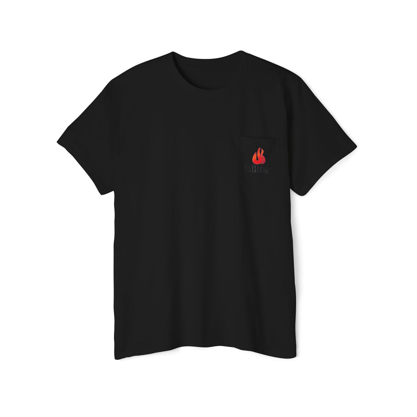 The Printify Unisex Heavy Cotton Pocket Tee, known as the Hiller Fire Guys Graphic T-Shirt, showcases a bold red flame logo on the chest pocket. This versatile shirt delivers comfort and style for firefighters and outdoor enthusiasts alike, making it ideal for casual outings.