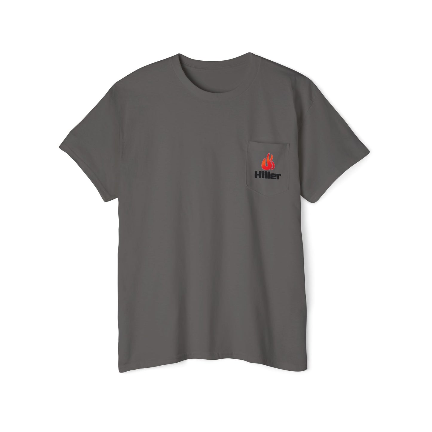The Unisex Heavy Cotton Pocket Tee by Printify is ideal for outdoor activities. This casual gray t-shirt features a small pocket with a red flame logo and "Hiller" in sleek black text, perfect for firefighters and outdoor enthusiasts.