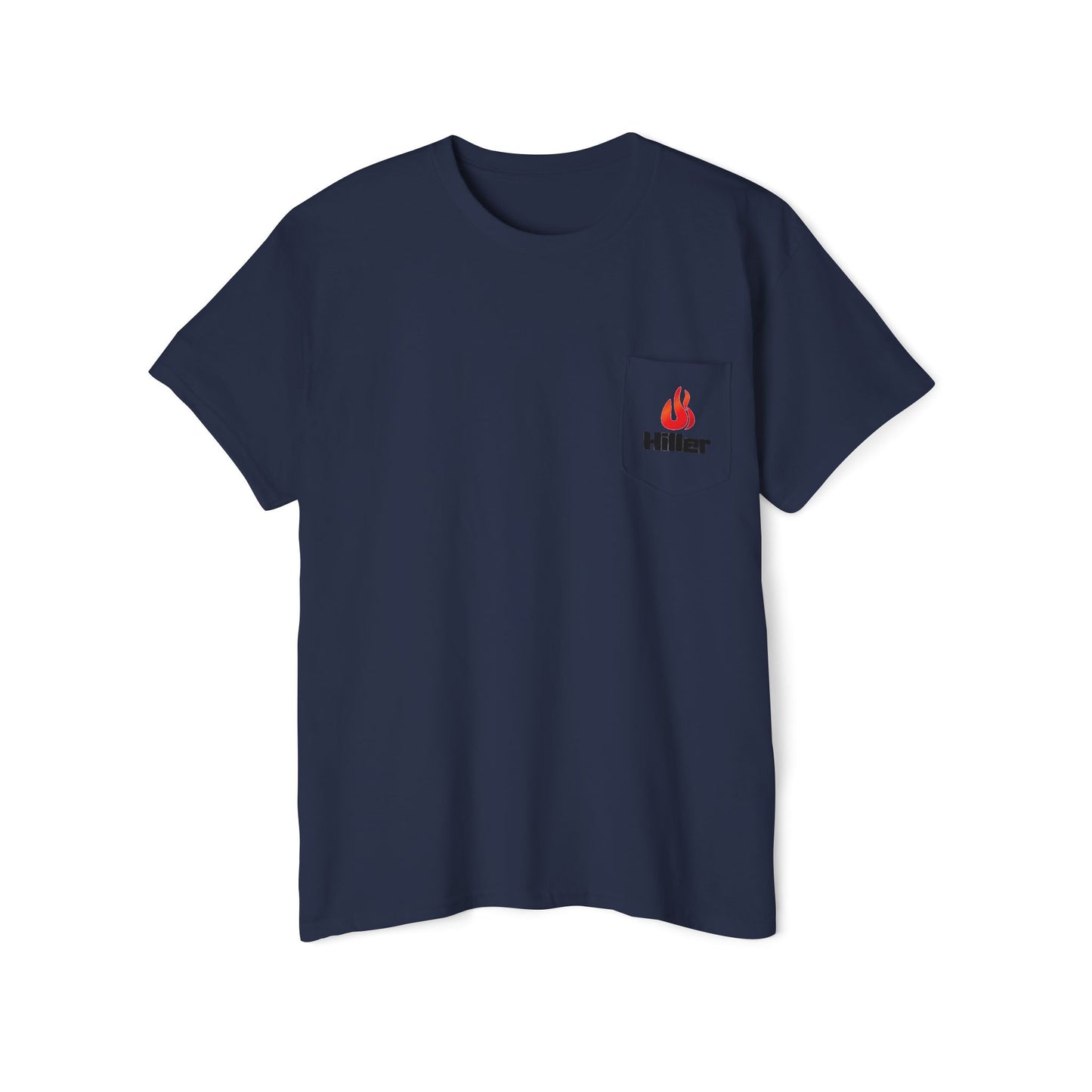The Unisex Heavy Cotton Pocket Tee by Printify, in navy blue, combines comfort and style with a chest pocket featuring a red flame logo and "Hiller." This versatile t-shirt is ideal for firefighters and outdoor enthusiasts.