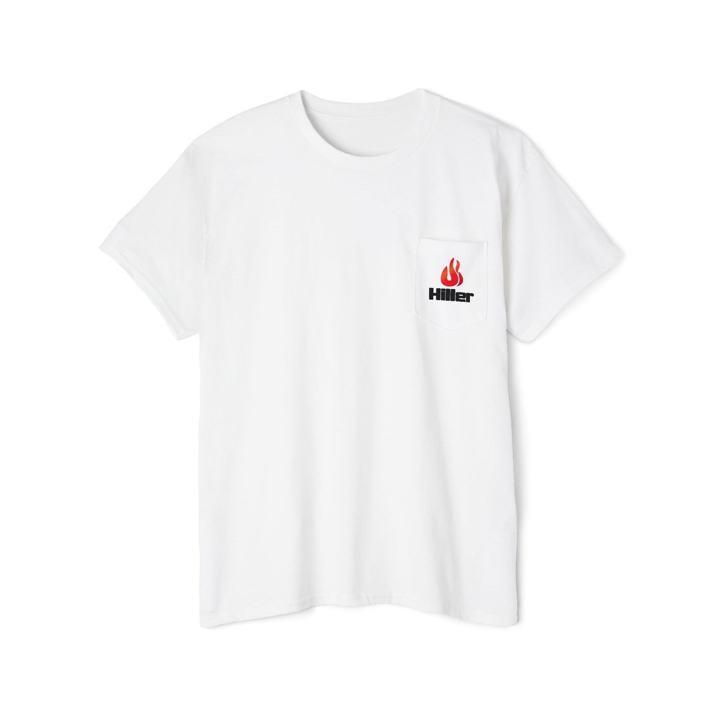 The Printify Unisex Heavy Cotton Pocket Tee in white features a chest pocket with the "Hiller Fire Guys" logo—a flame design and text—making it an essential for any firefighter or outdoor enthusiast's wardrobe.