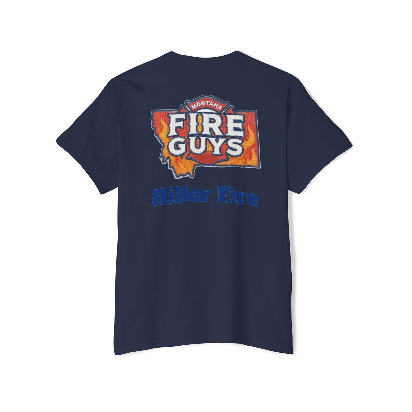 The versatile Unisex Heavy Cotton Pocket Tee from Printify features the "Montana Fire Guys" logo and "Hiller Fire" on the back, ideal for firefighters and outdoor enthusiasts seeking a lightweight feel for casual outings.