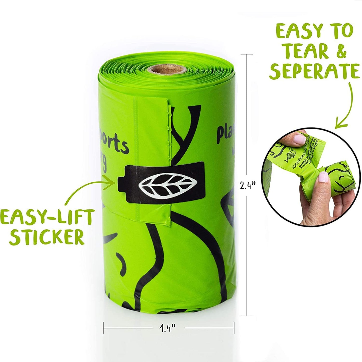 A roll of Yellow Lavender's green compostable dog waste bags with an easy-lift sticker is shown. Made from plant-based ingredients, the bags measure 2.4 inches in height and 1.4 inches in width. A close-up demonstrates how to easily tear and separate them, ensuring a plastic-free cleanup experience with the Dog Waste Bags - Compostable, 120 count - Plant Based.