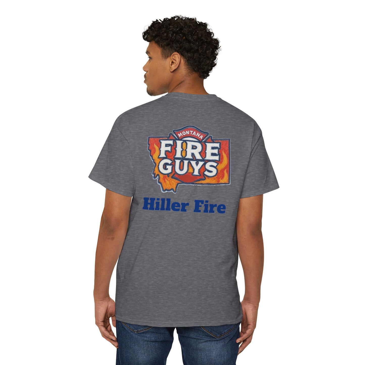 A person in a gray Unisex Heavy Cotton Pocket Tee by Printify, featuring the "Hiller Fire Guys" graphic, stands against a plain background, ready for summer barbecues.