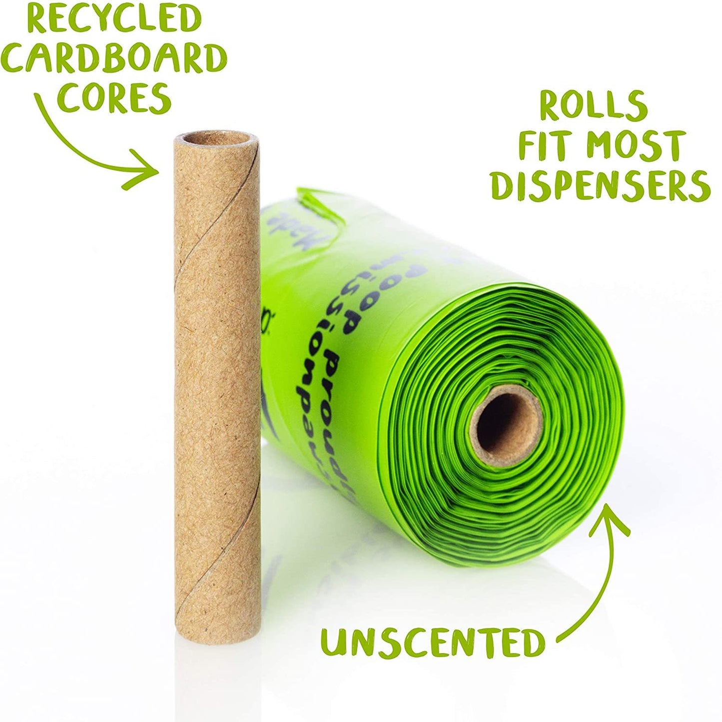 Yellow Lavender's Dog Waste Bags - Compostable, 120 count-Plant Based are unscented, plastic-free bags made from plant-based ingredients. These green rolls on recycled cardboard cores fit most dispensers seamlessly.