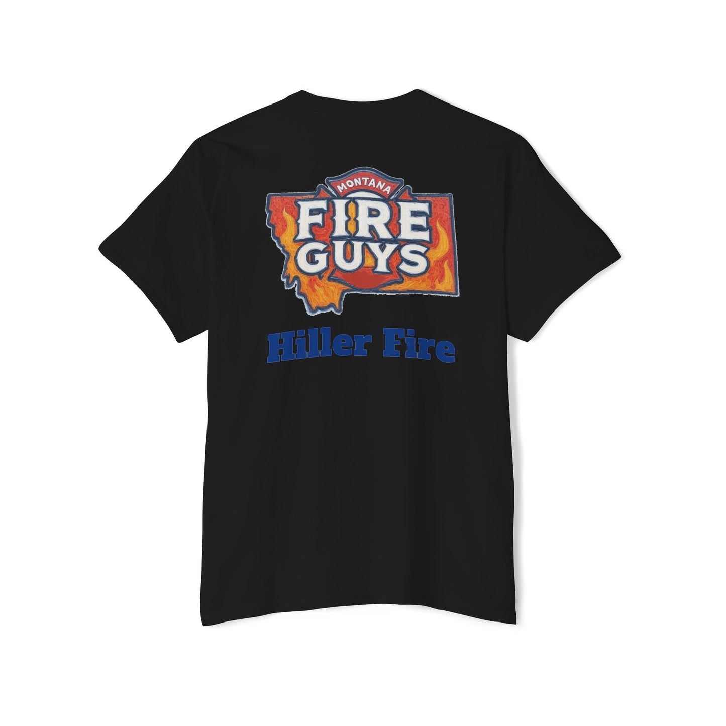 The Printify Unisex Heavy Cotton Pocket Tee, perfect for casual outings and summer gatherings, features "Hiller Fire" text and "Montana Fire Guys" over a flame design on the back. Ideal for firefighters and outdoor enthusiasts.