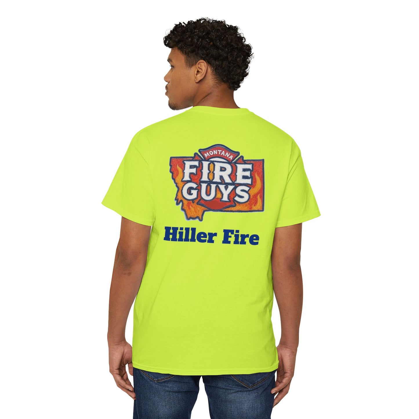Someone is wearing a vibrant green Printify Unisex Heavy Cotton Pocket Tee featuring "Fire Guys Hiller Fire" on the back, seamlessly combining comfort and style.