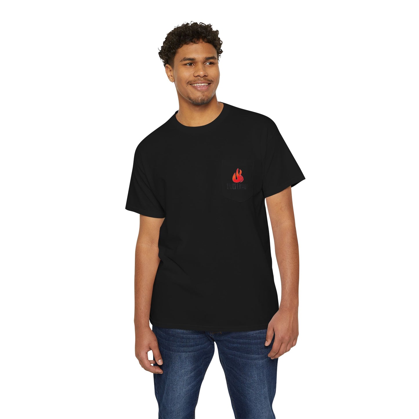 A man in a Printify Unisex Heavy Cotton Pocket Tee, featuring the Hiller Fire Guys graphic, paired with blue jeans on a white background. Ideal for casual outings, this shirt offers both style and comfort for firefighters and outdoor enthusiasts.