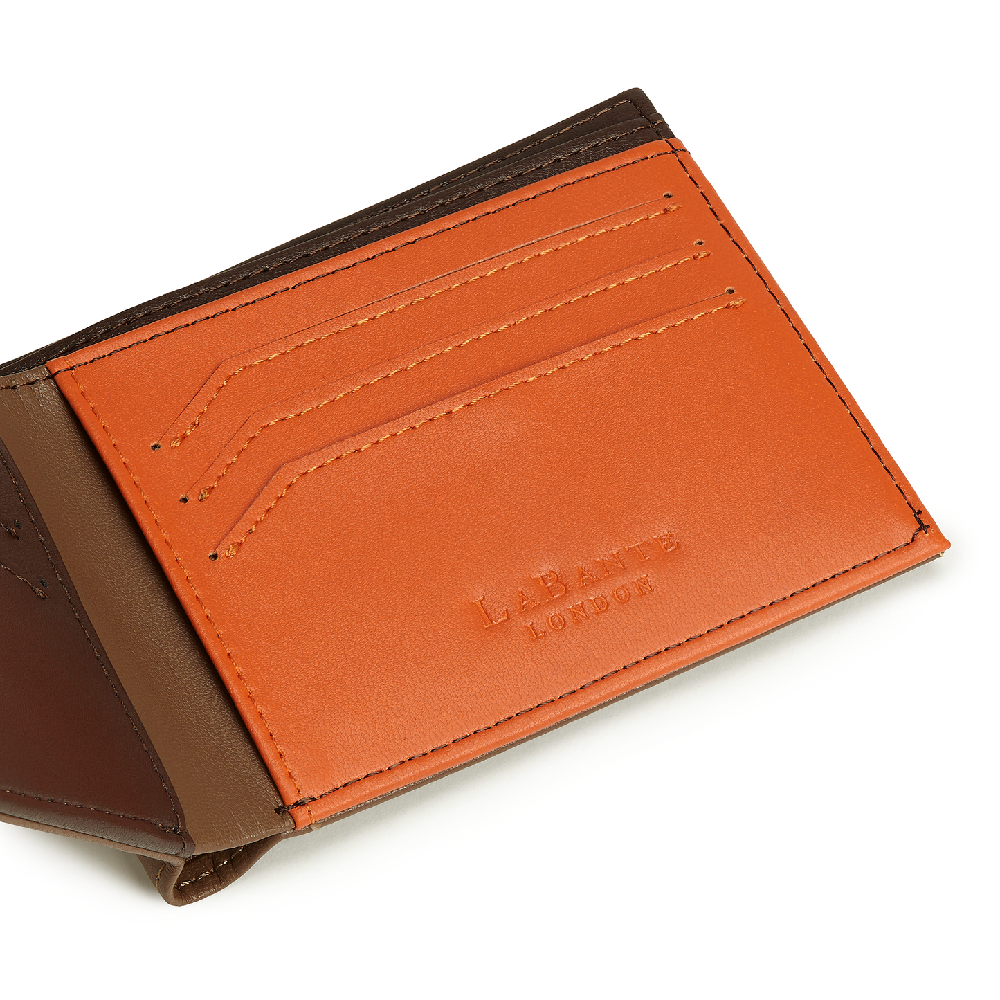 A Brown - Brave Vegan Bifold Wallet opened to reveal an orange interior with multiple card slots embossed with "Jade Azolla.