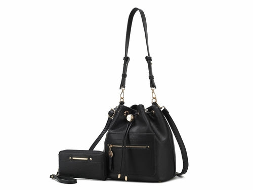 A Pink Orpheus Larissa Vegan Leather Women's Bucket Bag with Wallet set.