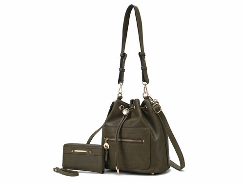 Introducing the stylish Pink Orpheus Larissa Vegan Leather Women’s Bucket Bag with Wallet set made from durable vegan leather. The bag features adjustable straps for added convenience. Carry your essentials in this chic Larissa bucket bag that complements any outfit.