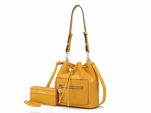 An adjustable yellow Pink Orpheus bucket bag made of vegan leather and a matching wallet.