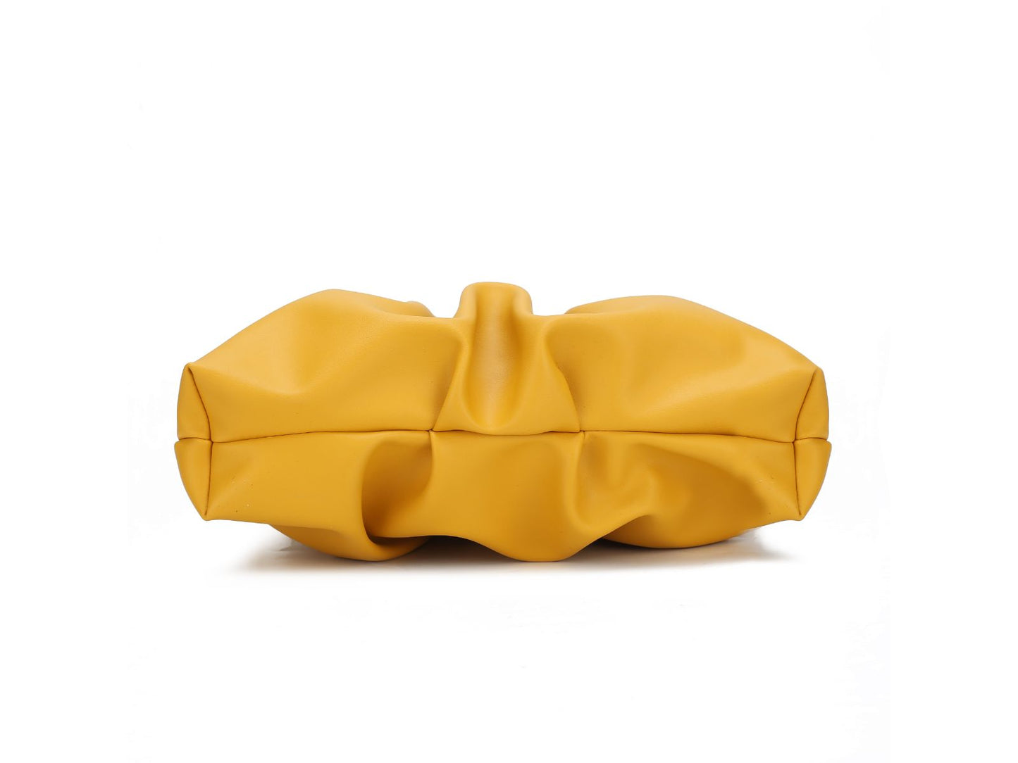 A fashion-forward image of a yellow Marvila Minimalist Vegan Leather Chain Ruched Shoulder Bag, made with vegan leather, showcased on a clean white background, by Pink Orpheus.
