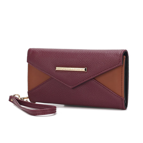 A Pink Orpheus Kearny Vegan Leather Women's Wallet Bag with a tan strap.