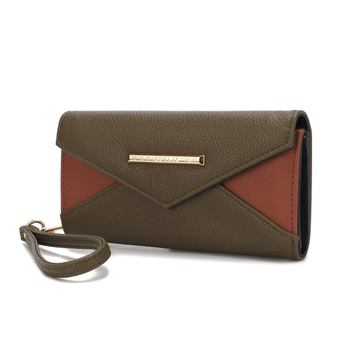 A Green and tan Pink Orpheus Kearny Vegan Leather Women's Wallet Bag with a key ring.