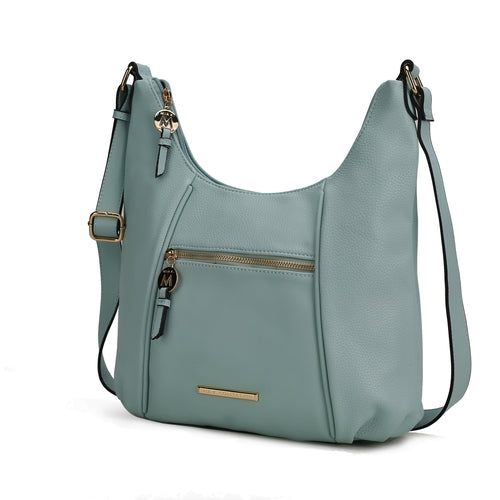 A Pink Orpheus Lavinia Vegan Leather Women’s Shoulder Bag with a zippered closure, featuring gold-tone embellishments.