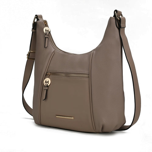 A Lavinia Vegan Leather Women's Shoulder Bag in beige, featuring gold-tone embellishments by Pink Orpheus.