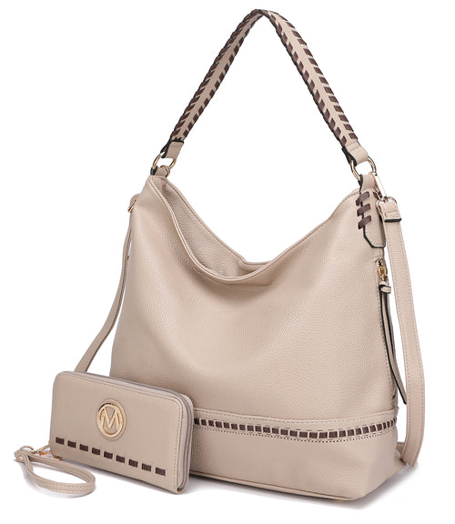 A Pink Orpheus Blake two tone whip stitches Vegan Leather Shoulder bag and wallet set.