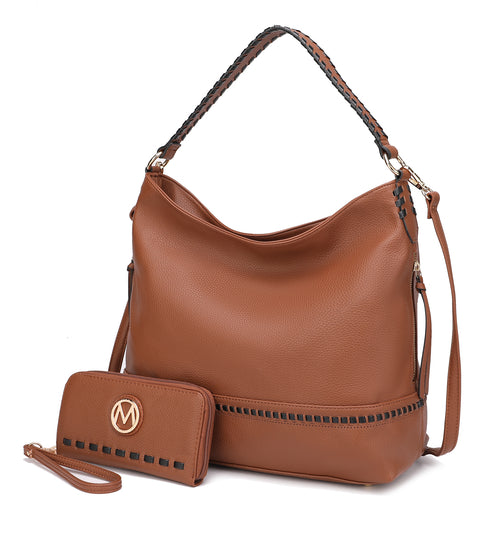 A tan leather wallet and the Pink Orpheus Blake two tone whip stitches Vegan Leather Shoulder bag with Wallet set.