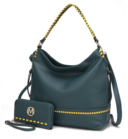 A Blake two-tone whip stitches Vegan Leather Shoulder bag with Wallet by Pink Orpheus, featuring whip stitches for an added touch of style.