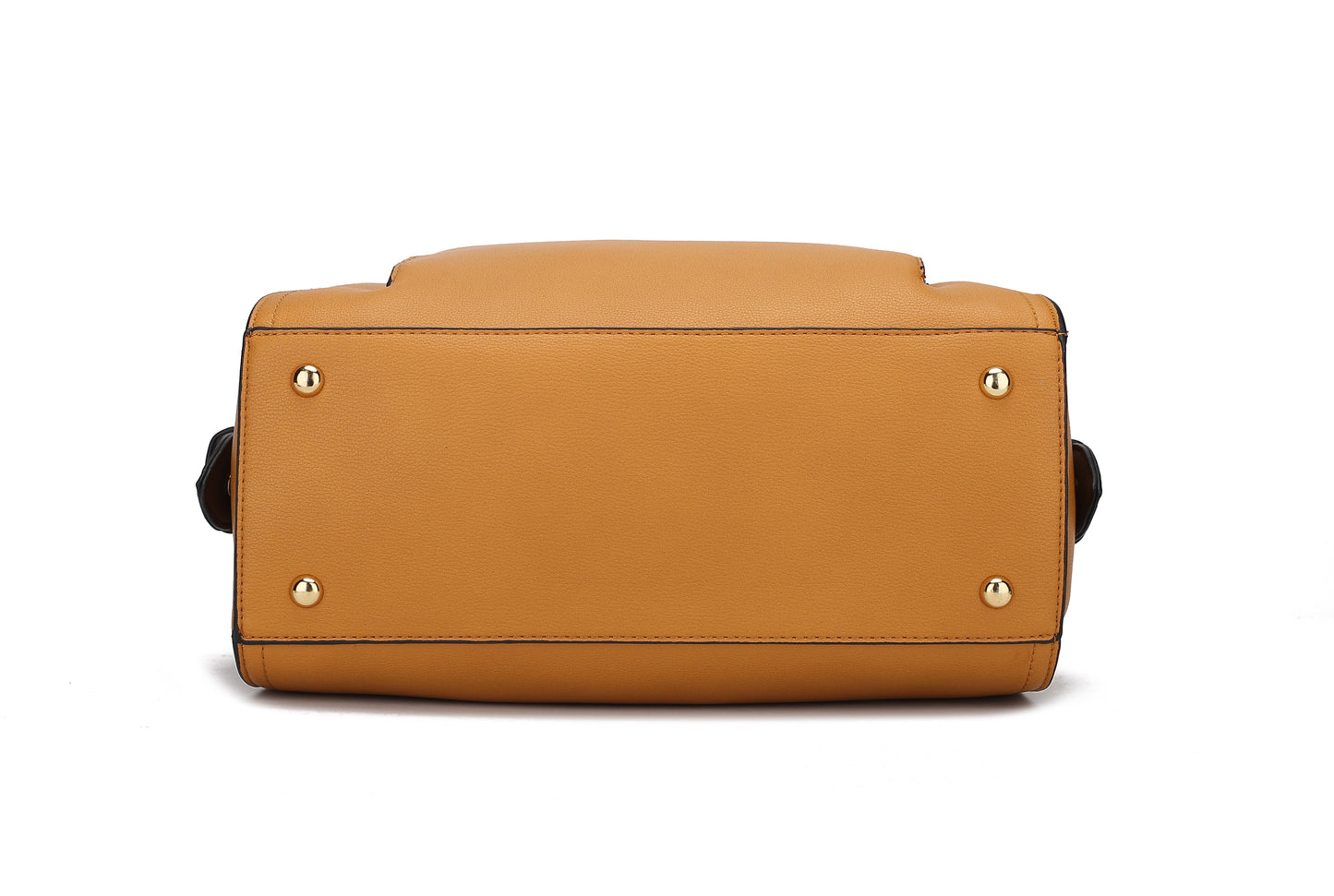 The back of a Pink Orpheus Elise Vegan Leather Color-block Women Satchel Bag in a tan color-block design.