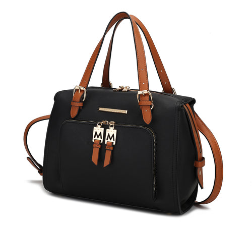 A color-blocked satchel handbag with two handles made of vegan leather, the Elise Vegan Leather Color-block Women Satchel Bag by Pink Orpheus.