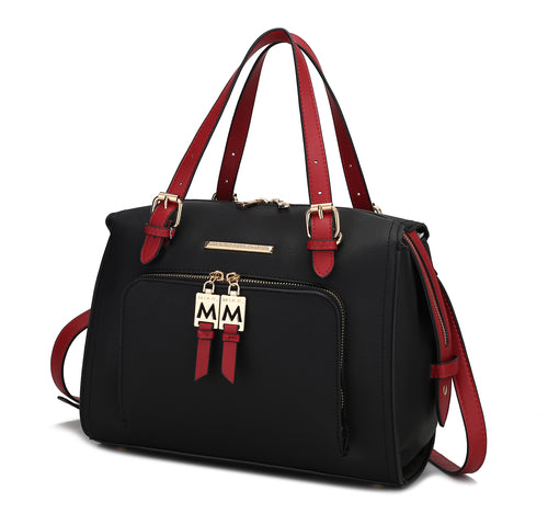 A Pink Orpheus Elise Vegan Leather Color-block Women Satchel Bag with two handles made of vegan leather.