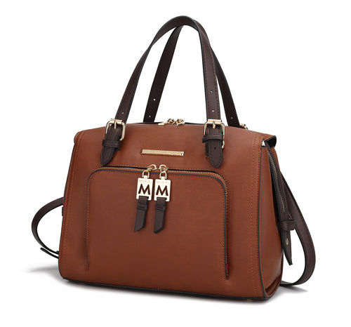 A Pink Orpheus Elise Vegan Leather Color-block Women Satchel Bag with two handles and two zippers.