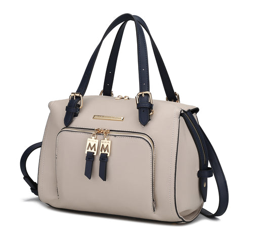 A Pink Orpheus Elise Vegan Leather Color-block Women Satchel Bag with two handles made of vegan leather.