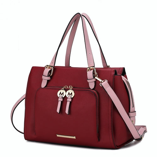 A Pink Orpheus Elise Vegan Leather Color-block Women Satchel Bag with two handles and a zipper.