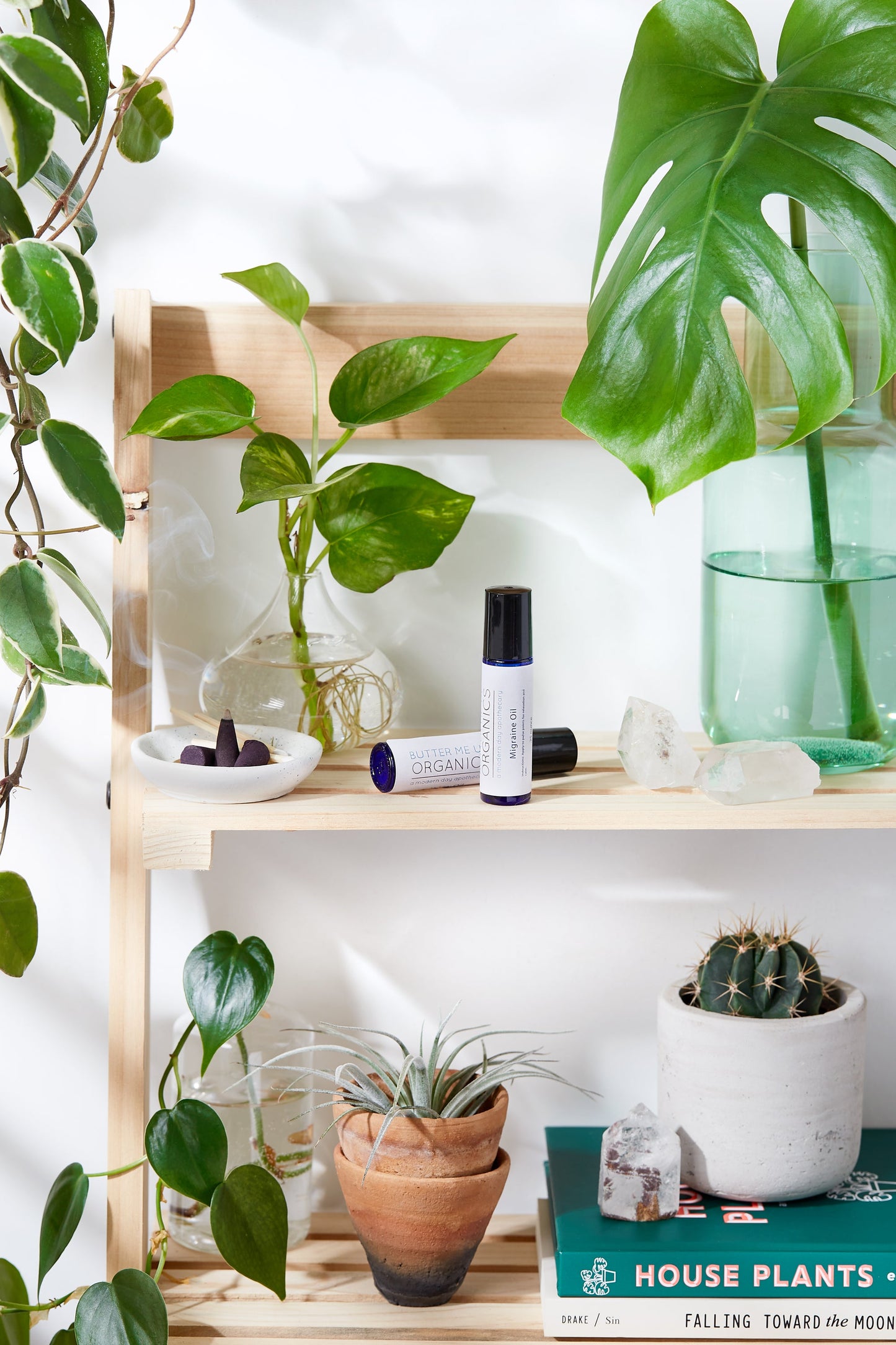 On a wooden shelf, plants surround a diffuser emitting mist next to White Smokey's Essential Oil for Migraines in a small black bottle. Crystals and books, including "Houseplants," add charm while organic essential oils offer tranquility. A large green leaf rests in a clear vase.