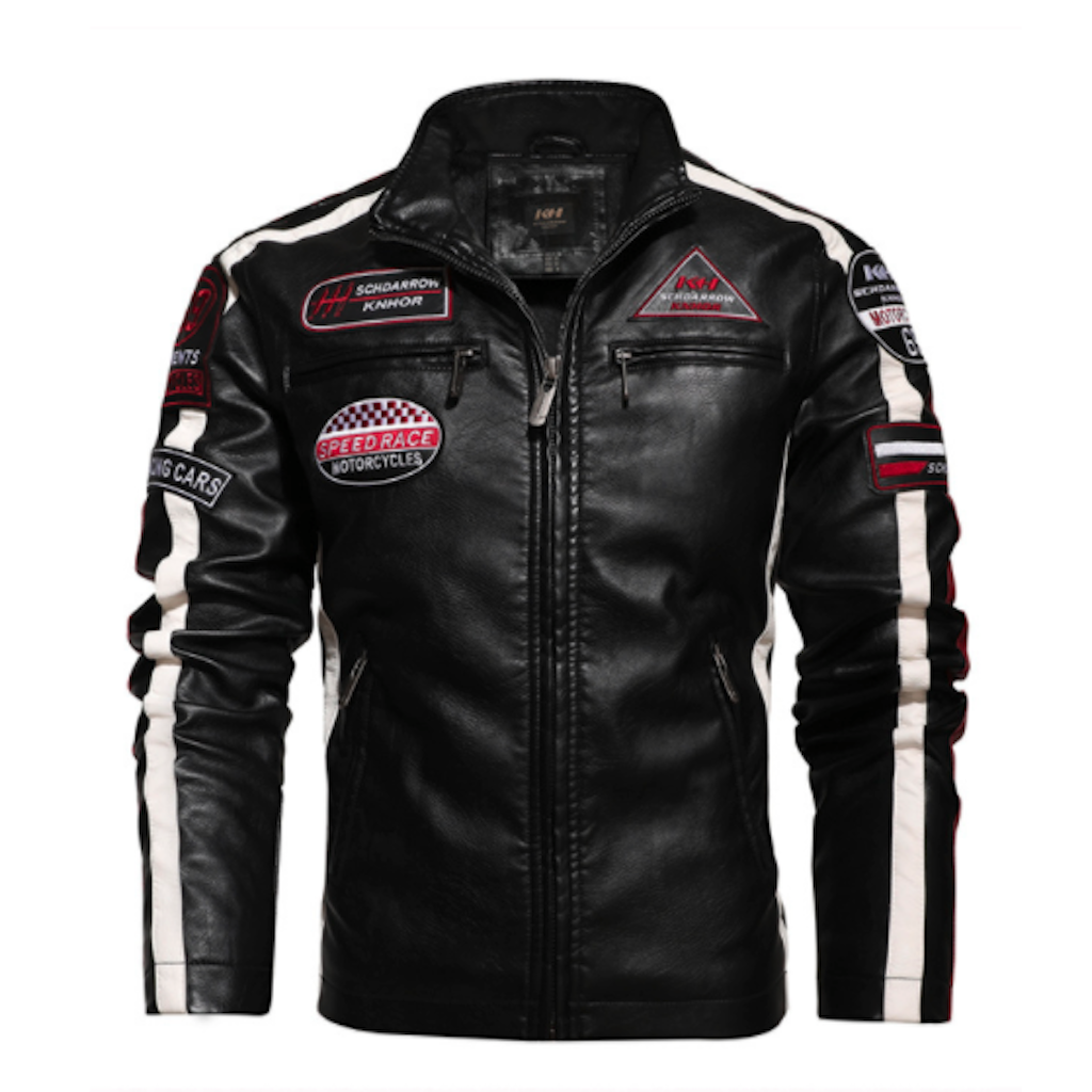 Yellow Pandora Mens Biker Vegan Leather Jacket With Badges with various racing and motorcycle-themed patches on the chest and sleeves, featuring white stripes along the arms.