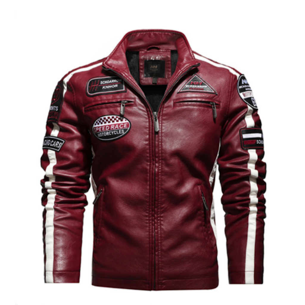A trendy **Mens Biker Vegan Leather Jacket With Badges** by **Yellow Pandora** with various black and white patches, zippered front and pockets, and white striped sleeves.
