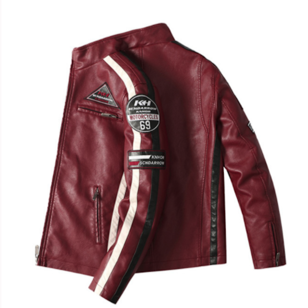 A trendy **Yellow Pandora Mens Biker Vegan Leather Jacket With Badges** with white and black stripes along the sleeves, featuring multiple patches and zippers.