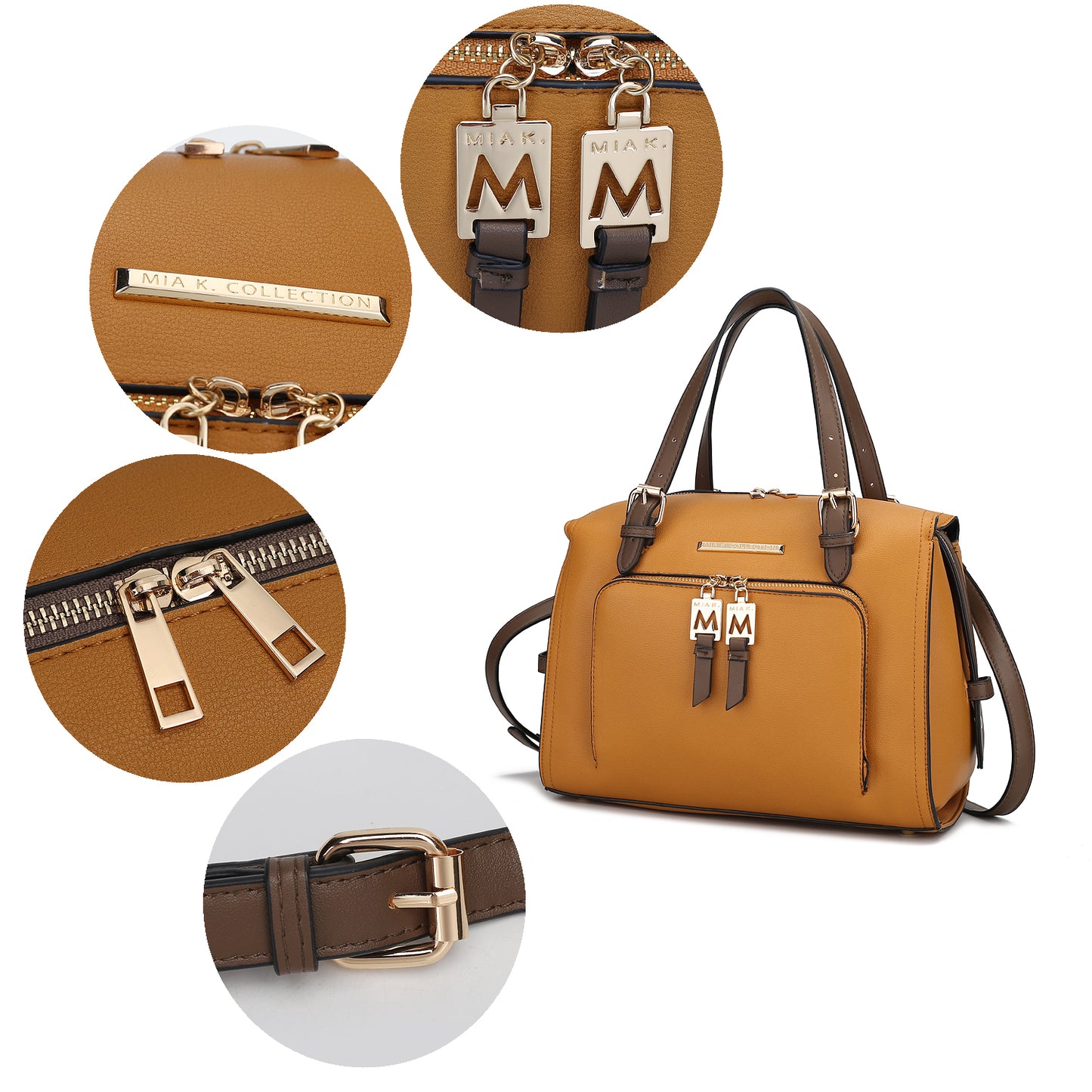 A Elise Vegan Leather Color-block Women Satchel Bag with a gold buckle by Pink Orpheus.