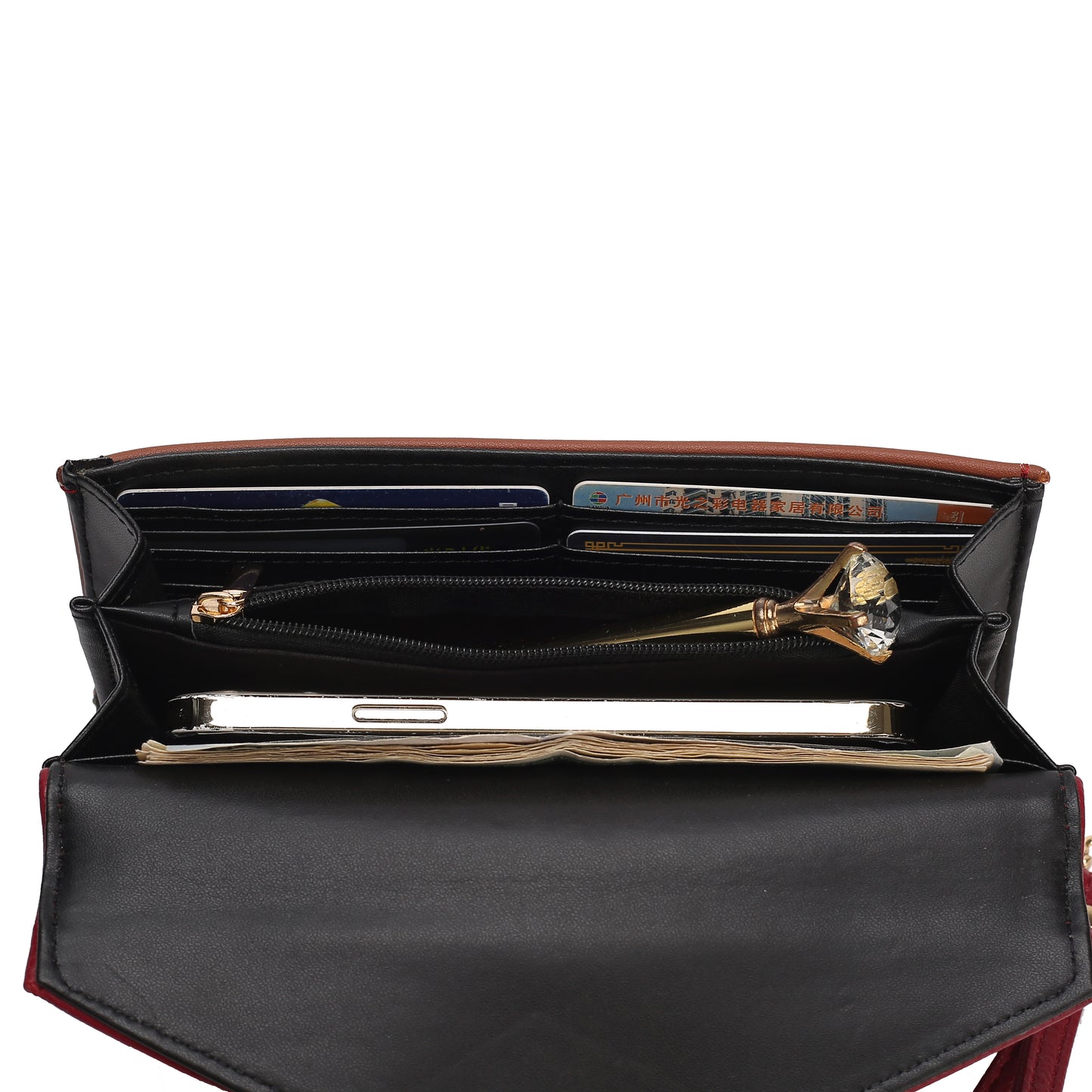 A Pink Orpheus Kearny Vegan Leather Women’s Wallet Bag with a card holder inside.