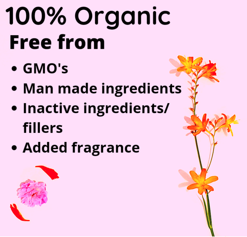 On a pink background, text states: "100% Organic. Free from GMOs, synthetic ingredients, fillers, and added fragrance." Ideal for natural skincare fans. Features images of orange and pink flowers alongside Cyan Misty's Organic Deep Pore Cleansing Mask to rejuvenate skin and unclog enlarged pores.