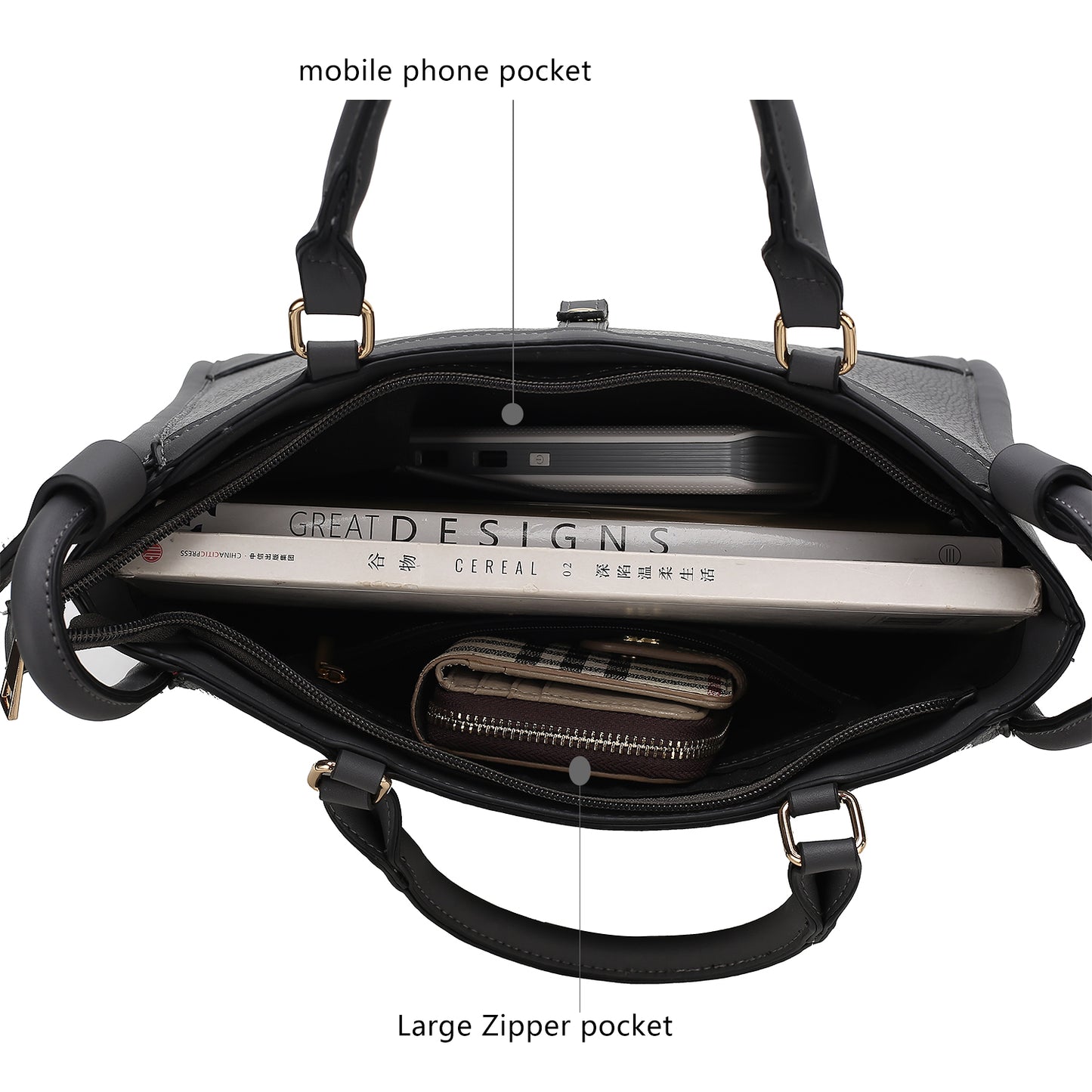 The Melody Vegan Leather Tote Handbag by Pink Orpheus, containing a cell phone.