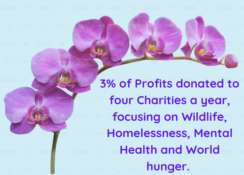 Cyan Misty Organic Deep Pore Cleansing Mask comes with a pink orchid branch design and the promise, "3% of profits donated to four charities yearly, focusing on wildlife, homelessness, mental health, and world hunger." Our commitment goes beyond beauty to support these causes.