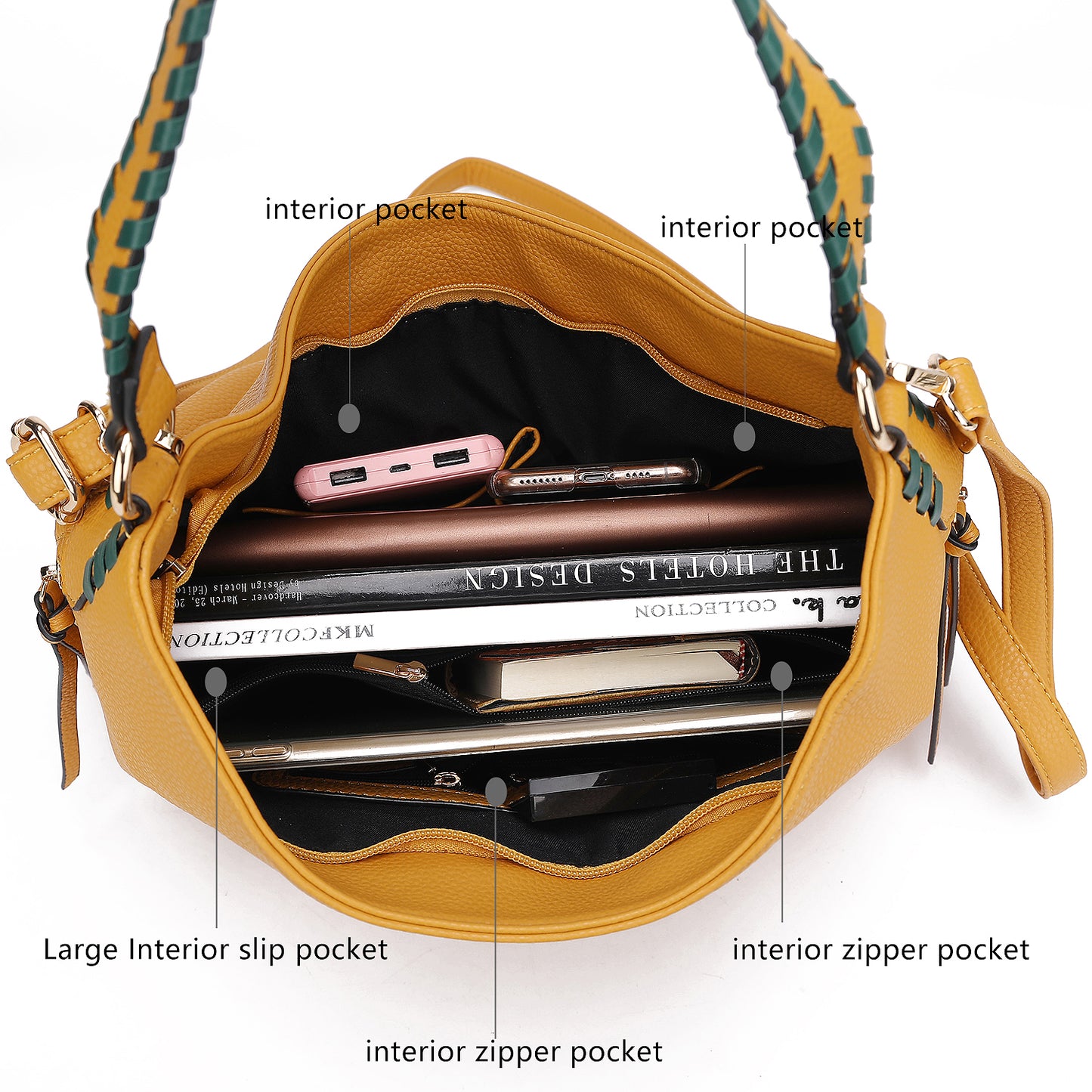 The contents of a Pink Orpheus Blake two tone whip stitches Vegan Leather Shoulder bag with Wallet.