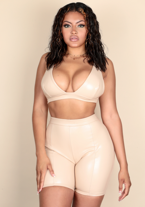 "GOT IT BAD" Nude Vegan Leather Deep-V Crop Top & Biker Short