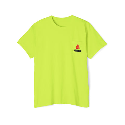 The Unisex Heavy Cotton Pocket Tee by Printify, featuring a flame and "Hiller" in bold black text on a bright yellow chest pocket, is ideal for firefighters and outdoor enthusiasts seeking comfort and style.