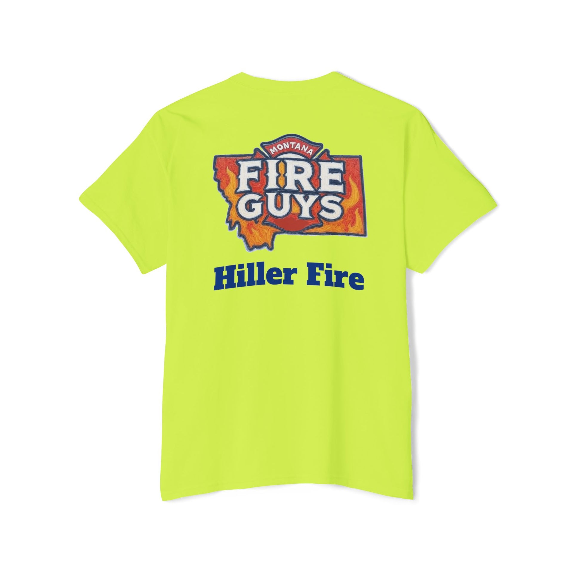 The Unisex Heavy Cotton Pocket Tee by Printify features the "Hiller Fire Guys" logo on a bright yellow shirt, perfect for firefighters and outdoor enthusiasts, ideal for casual outings or summer gatherings.