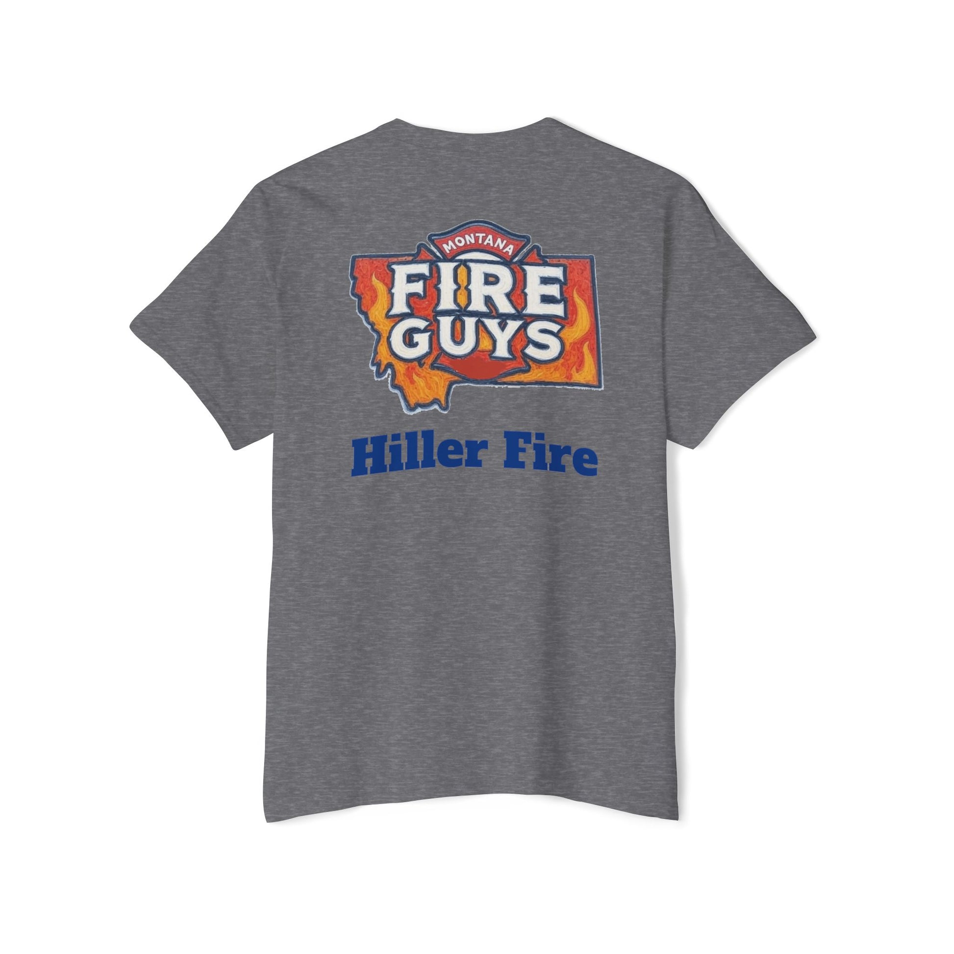 The Unisex Heavy Cotton Pocket Tee by Printify features a "Hiller Fire Guys" graphic with flames and a Montana outline, ideal for casual outings.
