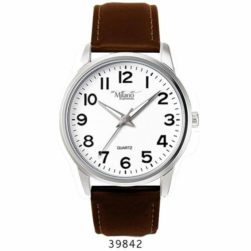 A simple wristwatch with a white dial, black numerals, silver casing, and an Orchid Millie vegan leather band, featuring the brand name "Milano" and the word "quartz.