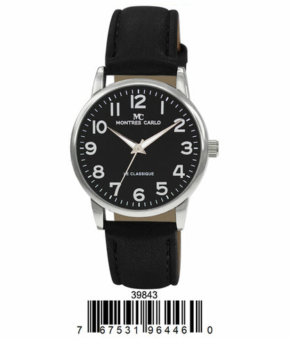 Analog wristwatch by Orchid Millie with a black vegan leather band, black dial, white numerals, and a barcode below.